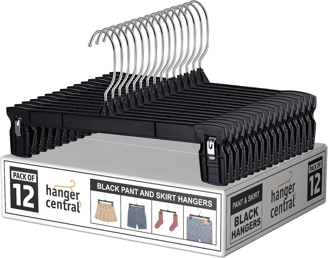 Hanger Central 12 Pack Space Saving Heavy Duty Slim Plastic Pants, Skirts, Shorts Hangers, Ridged Non-Slip with Pinch Clips, 360-Rotating Chrome Swivel Hook, in Black, 12 Inches