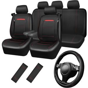 CAR PASS Leather Car Seat Cover Full Set with Steering Wheel Cover and 2PCS Seat Belt Shoulder Pads,for Trucks and SUV with Built-in Seatbelts and Front Seat Side Armrests(Combo Set, Black and Red)