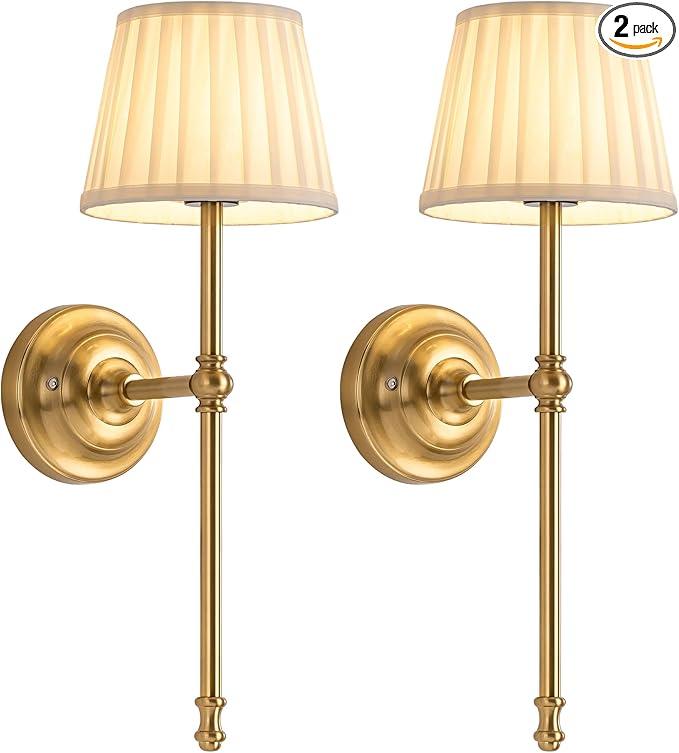 KDG Cordless Wall Sconces Set of 2, Small Wireless 5200mAh Rechargeable Battery Fabric LED Wall Lamps, Portables Lightings for Wall Painting, Living Room, Bedroom, Hallway, Gifts, Night Light (Gold)