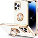 Hython for iPhone 14 Pro Max Case with Ring Stand [360 Rotatable Ring Holder Magnetic Kickstand] [Support Car Mount] Plated Gold Edge Slim Soft TPU Luxury Protective Phone Case Cover, White