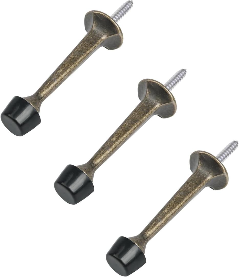 HOMOTEK 3 Pack Heavy Duty Solid Rigid Door Stop with Soft Rubber Tip, Zinc Die Cast Door Stopper Protect Wall & Door,Antique Brass