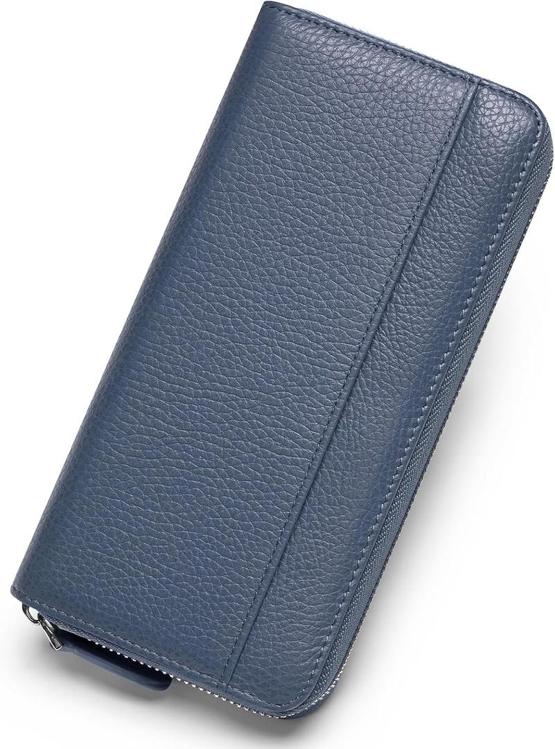 Wallets for Women RFID Blocking Real Leather Extra Long Large Capacity Zipper Clutch Wallet with 18 Card Slots,Navy Blue