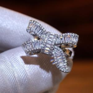 925 Sterling Silver Shiny Full Diamond Gemstone Ring 18k Gold Bow Cocktail Ring Cubic Zirconia Promise Rings CZ Diamond Butterfly Ring Eternity Engagement Wedding Band Ring for Women Z.59 (US Code 10)