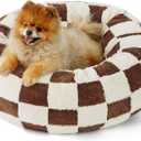 LE SURE Donut Small Dog Bed - Round Cat Beds Indoor Anti-Anxiety Calming Present for Pets, Washable Cute Modern Beds with Jacquard Shaggy Plush & Anti Slip Bottom23 Inch, Brwon (Brown Checks)