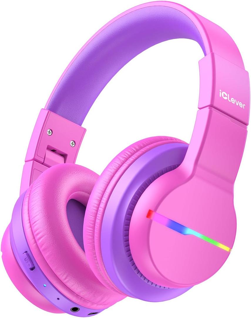 iClever BTH12 Kids Bluetooth Headphones,Colorful LED Lights,74/85dBA Safe Volume,85H Playtime,Fast Charging,Bluetooth 5.2,Over Ear Kids Headphones Wireles for iPad/Tablet/Airplane,Hot Pink