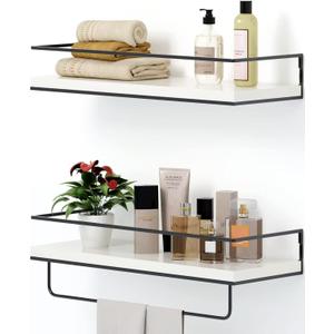 Shario White Floating Shelves - Set of 2, Wall Mounted Hanging Shelves with Black Towel Rack, Decorative Storage Shelves for Bathroom, Kitchen, Living Room & Bedroom (Modern White, 15.7 Inches)