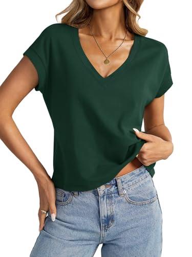 EasyGala Womens Cap Sleeve Crop Tops Cotton V Neck T Shirt Boxy Loose Fit Short Sleeves Tee Summer Fashion Clothes 2026 Deep Green, Medium 