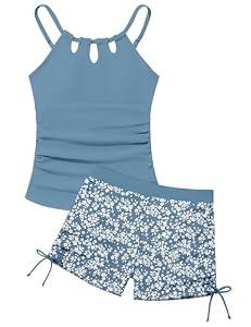 Girls Swimsuit Cutout Bathing Suit Two Piece Swimsuits for Teen Girls Tankini Swimwear Set High Waisted 11-15 Years Blue