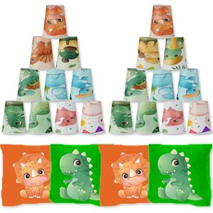 QICI Dinosaur Bean Bag Toss Game for Kids Dinosaur Birthday Party Game Dinosaur Stacking Cups Dinosaur Toss Game for Dinosaur Party Supplies Dinosaur Carnival Game