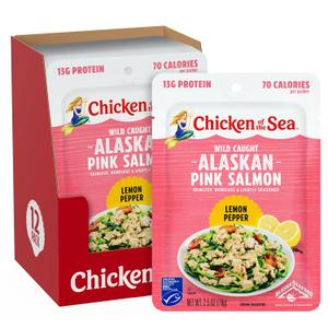 Chicken of the Sea Alaskan Pink Salmon, 2.5 Ounce Packets (Box of 12), Wild Caught Salmon, Lemon Pepper (EXP 08/09/27)