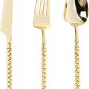 300PCS Gold Plastic Silverware, Heavy Duty utensils, Disposable Plastic Cutlery Silverware Include 100 Forks, 100 Knives, 100 Spoons for Party and Wedding, Gold Bead