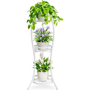 iDavosic.ly 3 Tier Tall Metal Plant Stand Indoor Outdoor, Wrought Iron Corner Flower Pot Holder Shelf, 34 Inch Vertical Display Rack for Patio Porch Living Room Garden, White