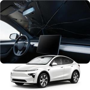 [2026 Upgraded] DooGooCoo Windshield Sun Shade Umbrella for Tesla Model 3 & Model Y [100% Sunlight Blocked, Cooling Ice Crystal] Sunshade for Car Windshield for Model 3 & Model Y Sunshade 2017-2026.