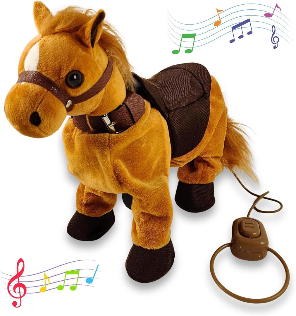 Haktoys Walk Along Horse with Remote Control Leash, Dancing Singing Walking Musical Pony Pet, Realistic Animal Design with 9 Different Child-Friendly Songs