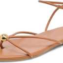 Riekhany Strappy Flat Sandals for Women Summer Round Toe Metal Bead Flip Flop Sildes with Ankle Buckle Strap Beach Flats Shoes (Brown)