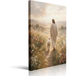 Christian Jesus Canvas Wall Art Framed Pastoral Lamb Home Decor 16x24 Inch