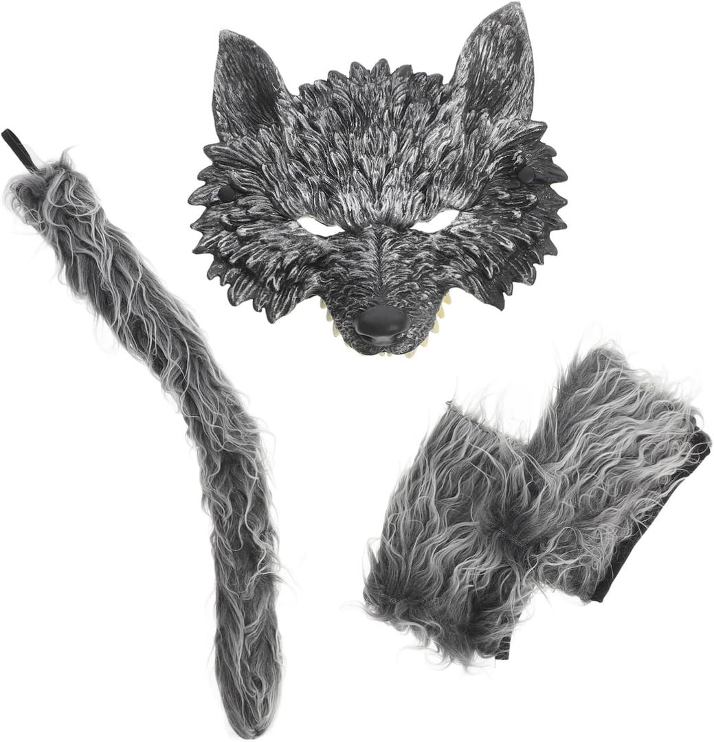 1 Set Wolf Suit Mask Gloves Tail Adult Men's Scary Costume Cosplay Accessories for Halloween Party