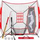 7'X7' Baseball Softball Practice Net,Pitching Net,Batting Net,with Baseball Tee,Bonus Strike Zone and Bow Frame,for Hitting,Pitching, Catching