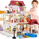 Doll House with 45 Pcs Furniture and Accessories, 3-Story with 4 Animal Dolls, Food Cooking Set, Warm Lights, Pool Slide and Movable Elevator, Pretend Play Dream Dollhouse for Girls 3+