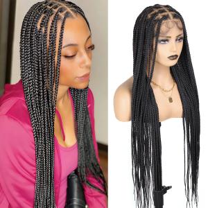 360 Single Full Lace Braided Wigs 36 inch Knotless Box Braid Wig for Black Women, Synthetic Black Braided Lace Wig
