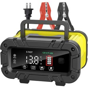 E-FAST 20A Smart Car Battery Charger, 12V 24V Maintainer & Desulfator - Compatible with LiFePO4 Lithium, AGM, Gel, SLA, Deep Cycle - High-Power Trickle Charger for Car, Truck, RV, Boat, Marine