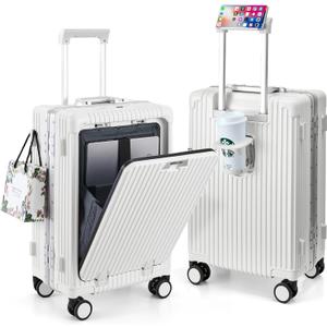 MRPLUM Front Pocket Carry On Luggage,Aluminum Frame PC Hardside Spinner Wheel Suitcase with TSA Lock,Cup Holder,Phone Holder&USB Charging Port,White(1 Piece)