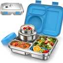 Stainless Steel Bento Box Kids Adult with 8oz Soup Thermo, 3 Compartments Metal Bento Lunch Box with Insulated Food Jar,Lunch Box Container Sauce Cup for School,BPA-Free(Blue)