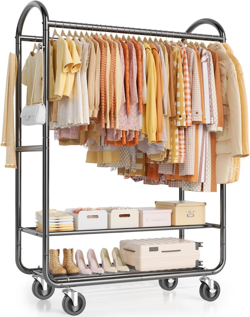 EAGMAK Heavy Duty Clothing Racks for Hanging Clothes 720 Lbs, Rolling Clothes Rack Double Rod Garment Rack with Lockable Wheels, Metal Closet Organizer for Bedroom, Laundry, Retail, Black