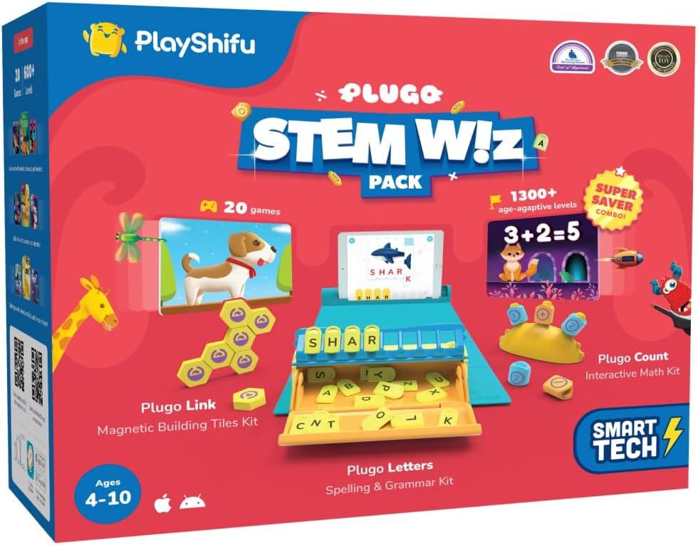 Plugo STEM Pack by PlayShifu - Count, Letters & Link (3in1) | Math, Words, Magnetic Blocks, Puzzles | 4-10 Years STEM Toys | Gift Boys & Girls (Works with iPads, iPhones, Samsung tabs, Kindle Fire)