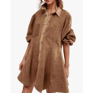 Gozoloma Women's Denim Dress Long Balloon Sleeves Button Down A Line Swing Ruffle Jean Mini Babydoll Dress with Chest Pocket Size XS