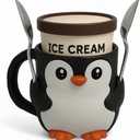 Ice Cream Pint Holder – Fits Standard Pints – Dual Spoon Sockets – Keeps Hands Warm – Fun Unique Designs with Vibrant Colors – Reusable Ice Cream Sleeve - Ramen Noodle Holder (Penguin)