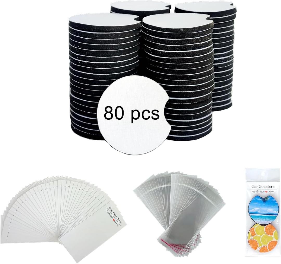 160PCS Sublimation Coasters Blanks, Round Car Coasters Sublimation Blanks Set, Car Coaster Packaging with Display Cards Bags, 2.75 Inch Blank Cup Mat for Sublimation Transfer Heat Press DIY Crafts