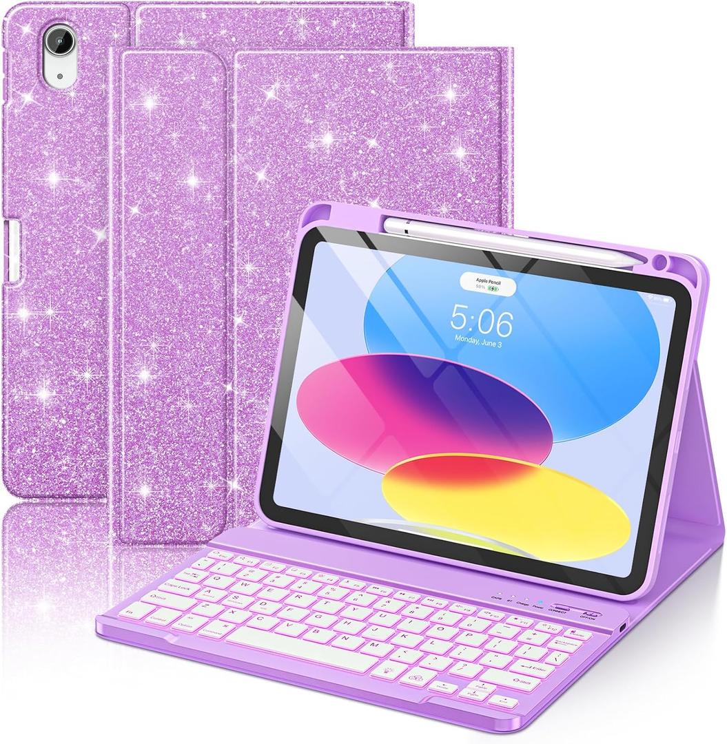 FUWANG for iPad A16 11th 10th Generation Case with Keyboard - Detachable Backlit Glitter Folio Keyboard with Pencil Holder for iPad A16 11th Gen 11-inch 2025 & 10th Generation 10.9 Inch 2022, Purple