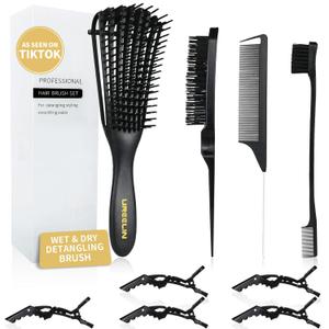 Hair Brush Set for 3a,4c,Wig/Thick/Wavy/Curly/Slick Back Hair Brushes,Rat Tail Combs,8-Row,Edge Brush,For Detangling,Braiding,Teasing,Parting,Styling,Kids,Girls,women(Black)
