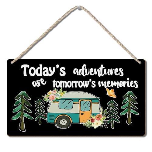 TopXmai Camping Wood Sign 14x8, Happy Camper The Adventure Begins Rustic Decor Hanging Sign, Camper Decorations for Inside RV and Travel Trailers, Funny Camping Gifts for Campers(Black), K019