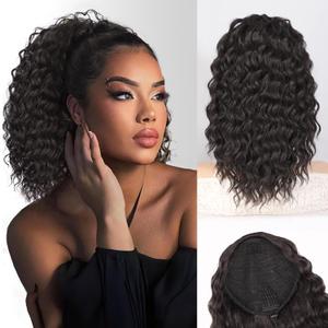 QGZ Drawstring Ponytail Extension 14 Inch Synthetic Wavy Curly Hair for Black Women Fluffy Ponytail Hair Extensions for Daily Use (Black Brown)