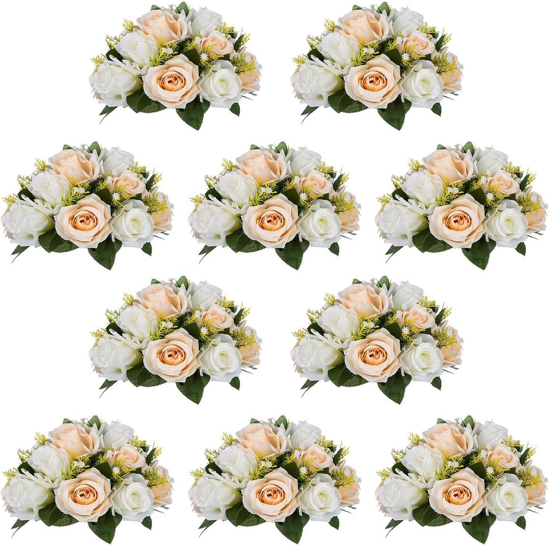 NUPTIO Artificial Flower Centerpieces for Tables: 10 Pcs Peachy Champagne & White Flower Ball Arrangement for Wedding Party - 9.5 Inch Diameter Floral Rose for Bridal Shower Decor