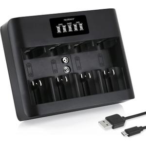 Tenergy TN486U 5-Bay Universal Battery Charger with LCD, Micro USB/Type C Input, for AA, AAA, C, D, and 9V Rechargeable Batteries