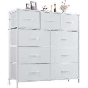 DUMOS Dresser for Bedroom, Storage Organizer with 9 Drawers, Chest of Drawers with Fabric Bins, Sturdy Metal Frame, Wood Tabletop for Guest Room, Closet, Entryway, Nursery (White)