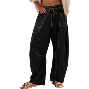 Panadila Womens Barrel Pants Drawstring Wide Leg Sweatpants Baggy Summer Lounge Pants Casual Beach Trousers (Small, Black)