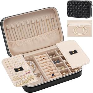 Lolalet Travel Jewelry Case for Women, Travel Jewelry Organizer Box with Mirror & Clear Storage Bag, Small Portable Traveling Earring Necklace Bracelet Ring Case, Bridesmaid Gifts -Medium, Black (Medium (8.46"W*5.71"D*2.17"H))