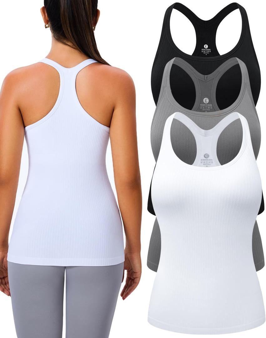 Evercute 1/2/3 Pack Workout Tank Tops for Women with Built in Bra Racerback Yoga Sleeveless Top Camisole Athletic Gym Tops (Medium, Black White Gray 3 Pack)