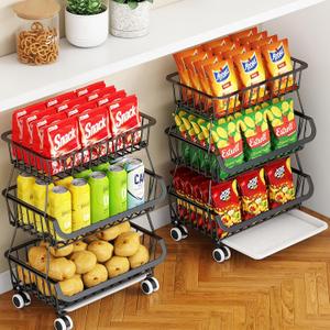 Miyawell 3Tier Rolling Pantry Cart with Wheels, Stackable Wire Storage Floor Organizer for Kitchen Pantry Snack Shelves, Fruit Basket Stand, Vegetable Storage Rack for Food Snacks Onion Potato
