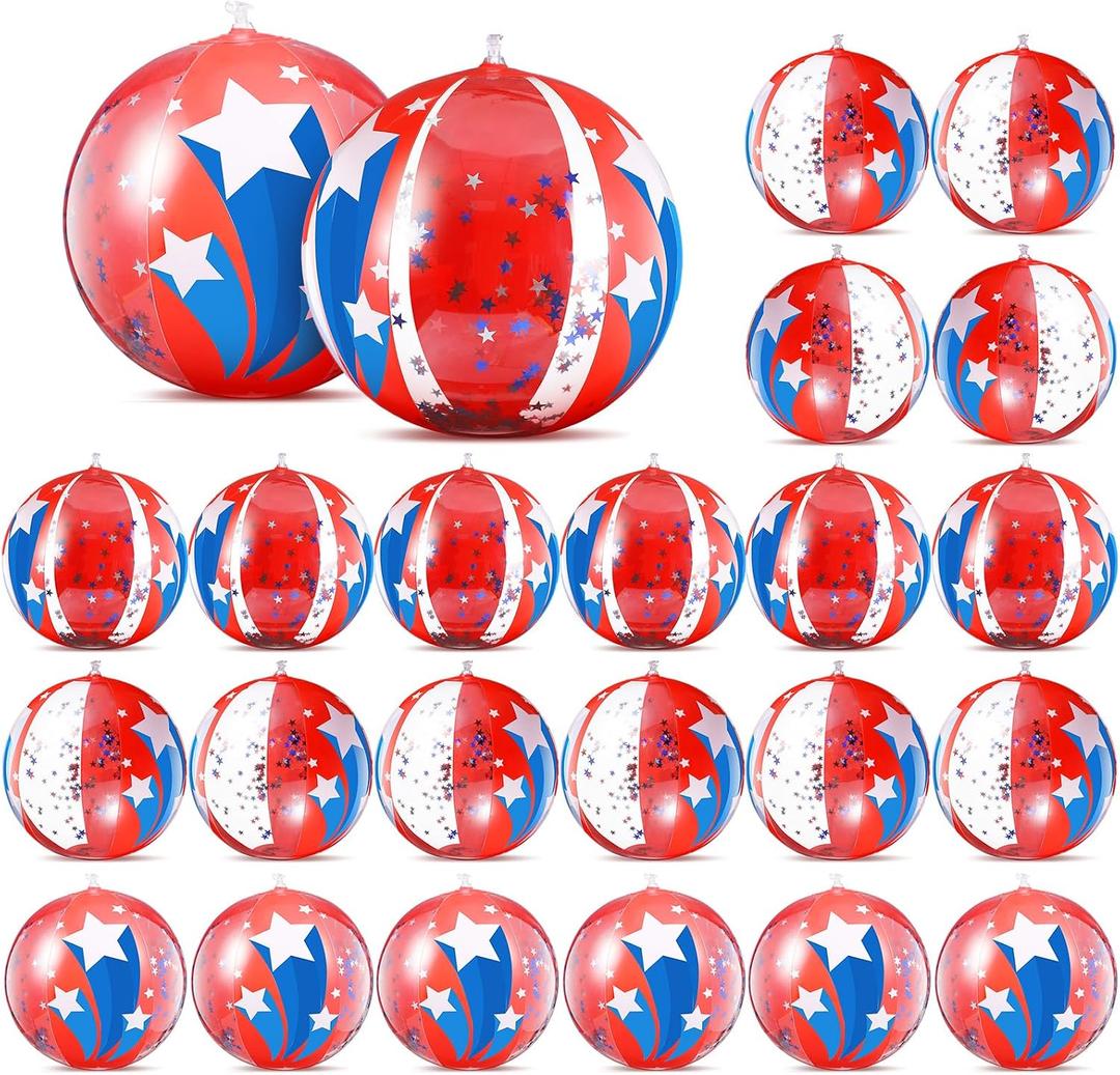 24 Pcs Patriotic Inflatable Beach Balls 12 Inch 4th of July Red White Blue Glitter Pool Balls Bulk with Star Confetti 250th Anniversary Party Favors for Summer Pool Beach Decorations