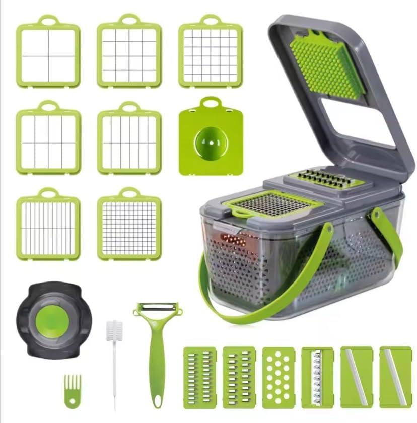 Vegetable chopper 22-in-1 with container, Vegetable & Fruit Chopper cutter with 13 Blades, Egg Slicer, Cheese Grater, Mandoline slicer, Veggie Dicer, Onion Chopper, Garlic Mincer, Peeler, Dicer