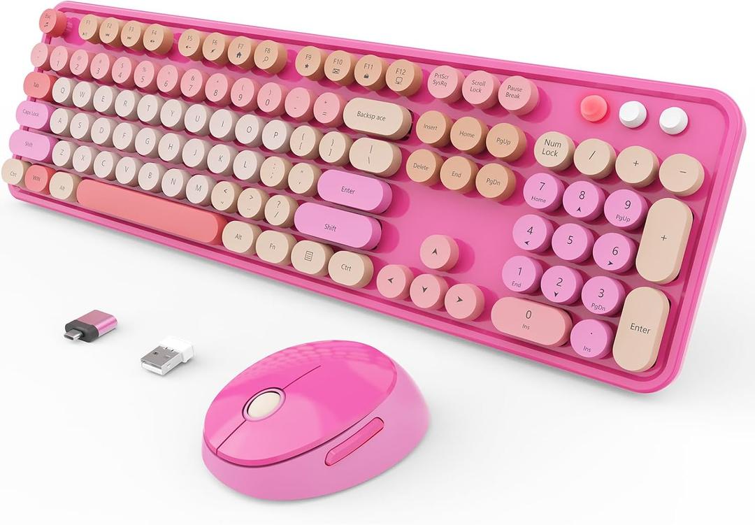 Wireless Keyboard and Mouse Combo, Ergonomic Full Size Typewriter Retro Round Keycaps Keyboard, Compatible with Windows, PC, Perfer for Home and Office Keyboards Red