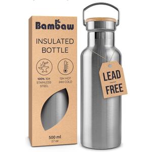 Bambaw Metal Insulated Water Bottle 16 oz, Stainless Steel Water Bottle Insulated, Reusable, Keeps Drinks Cold for 24h Cold & Hot for 12h, With Wide Mouth That Fits Tea Balls (Natural Steel)