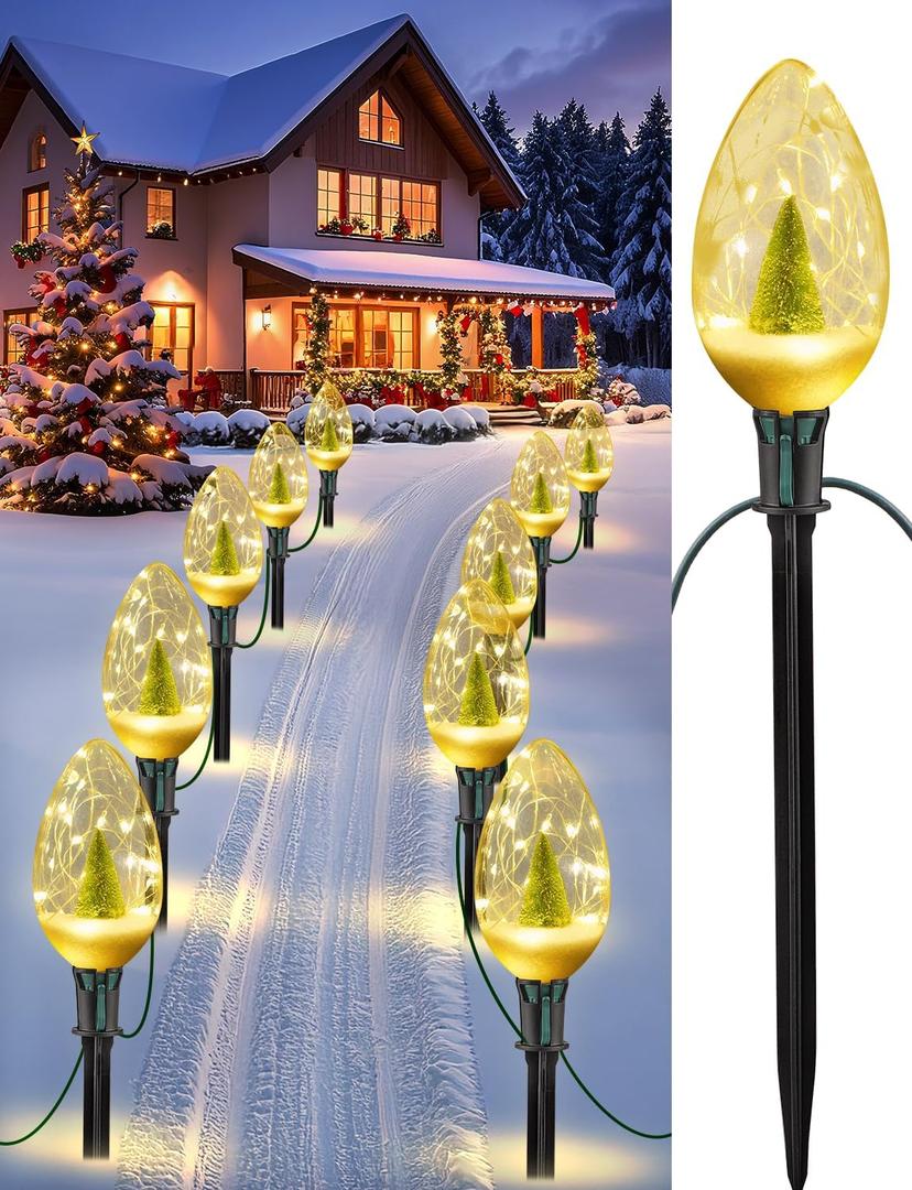 Brightever Jumbo C9 Pathway Christmas Lights Outdoor, 2-Pack Total 16FT 10 Large LED Bulbs Waterproof Plug-in Christmas Decorations, Jumbo Walkway Lights for Outside Garden Yard Decor - Warm White