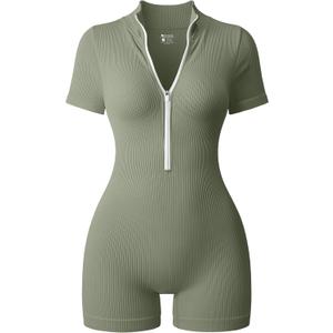 OQQ Women Rompers Ribbed Short Sleeve Zip Front Stretch Tummy Control Yoga Workout Rompers, Size: L