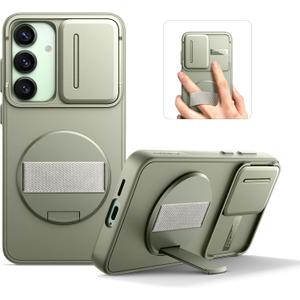 SURITCH for Samsung Galaxy S25 Case with 360 Rotatable Hand Strap Phone Grip & Invisible Kickstand & Slide Camera Cover, Rugged Shockproof Protective Cover for S25 -Sage Green